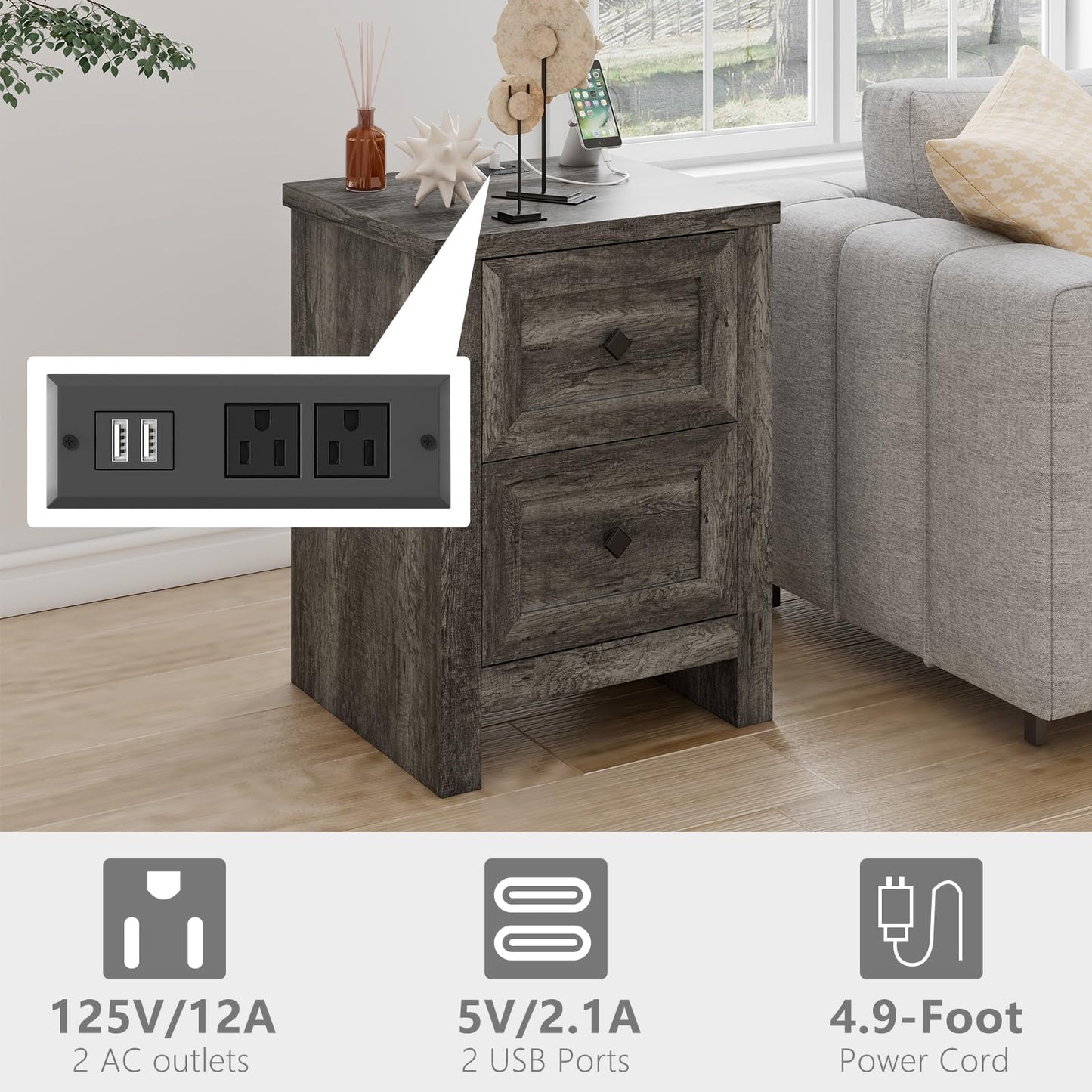 LUXOAK Nightstand Set of 2 with Charging Station, Farmhouse End Table with 2 Drawers Storage Cabinet, Rustic Wood Sofa Side Table for Bedroom, Living Room, Office, Grey - WoodArtSupply