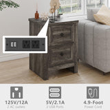 LUXOAK Nightstand Set of 2 with Charging Station, Farmhouse End Table with 2 Drawers Storage Cabinet, Rustic Wood Sofa Side Table for Bedroom, Living Room, Office, Grey LUXOAK