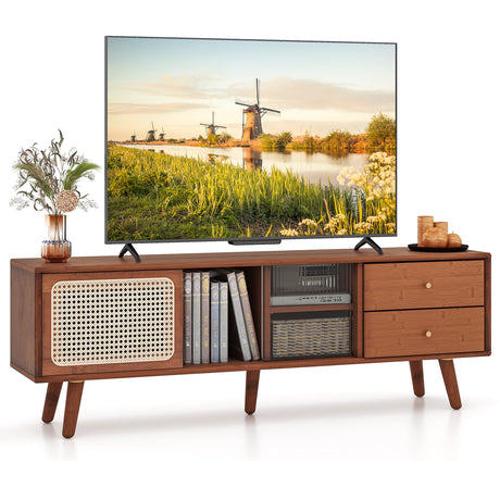 Giantex Bamboo TV Stand for TVs up to 65”, PE Rattan Media Console with Sliding Doors, Drawers & Open Shelves, 5 Solid Wood Legs, 2 Cable Holes, Entertainment Center for Living Room, Bedroom, Walnut Giantex