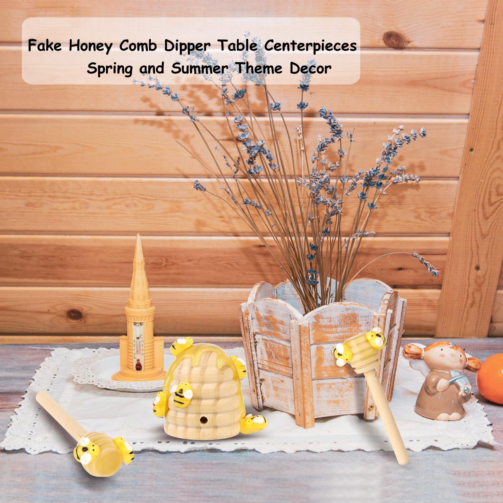 Honey Bee Spring Tiered Tray Decor, Bumblebee Party Decorations, Summer Farmhouse Beehive Decoration Set, 2 Mini Faux Bee Honey Dippers & 1 Fake Wooden Honeycomb Centerpiece, Bookshelf Table  - WoodArtSupply