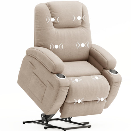 Flamaker Power Lift Recliner Chair with Massage Ergonomic Recliner Chair for Elderly People, Single Sofa with Cup Holders, Side Pockets (Beige) Flamaker