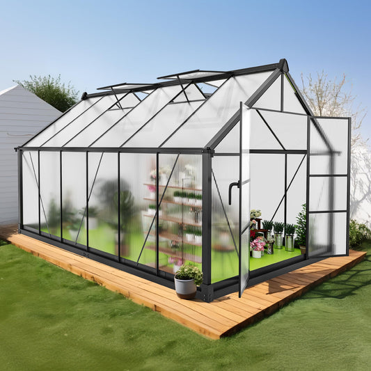 ANYAGREE 8' x 12' Thicked Polycarbonate Greenhouse, Greenhouse with Double Flush Door, Rain Gutter and Ventilation Window, Green House for Sunroom, Garden, Backyard, Walk-in Large Winter Greenhouse