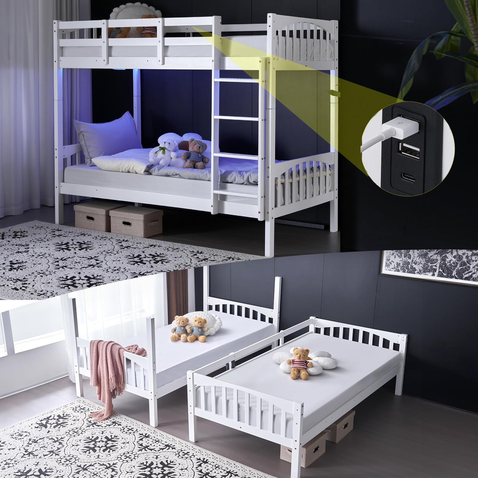 VINGLI Twin Over Twin Solid Wood Bunk Bed with LED Lights, USB Ports, and High Guardrails - White - WoodArtSupply