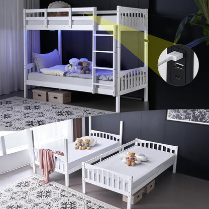 VINGLI Twin Over Twin Bunk Bed with LED Lights and USB Charging Station in White - WoodArtSupply