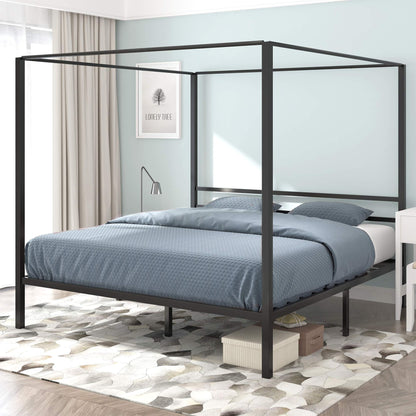 YITAHOME Metal Four Poster Canopy Bed Frame, 14 Inch Platform Bed with Built-in Headboard Strong Metal Slat Mattress Support, No Box Spring Needed, Black, King Size