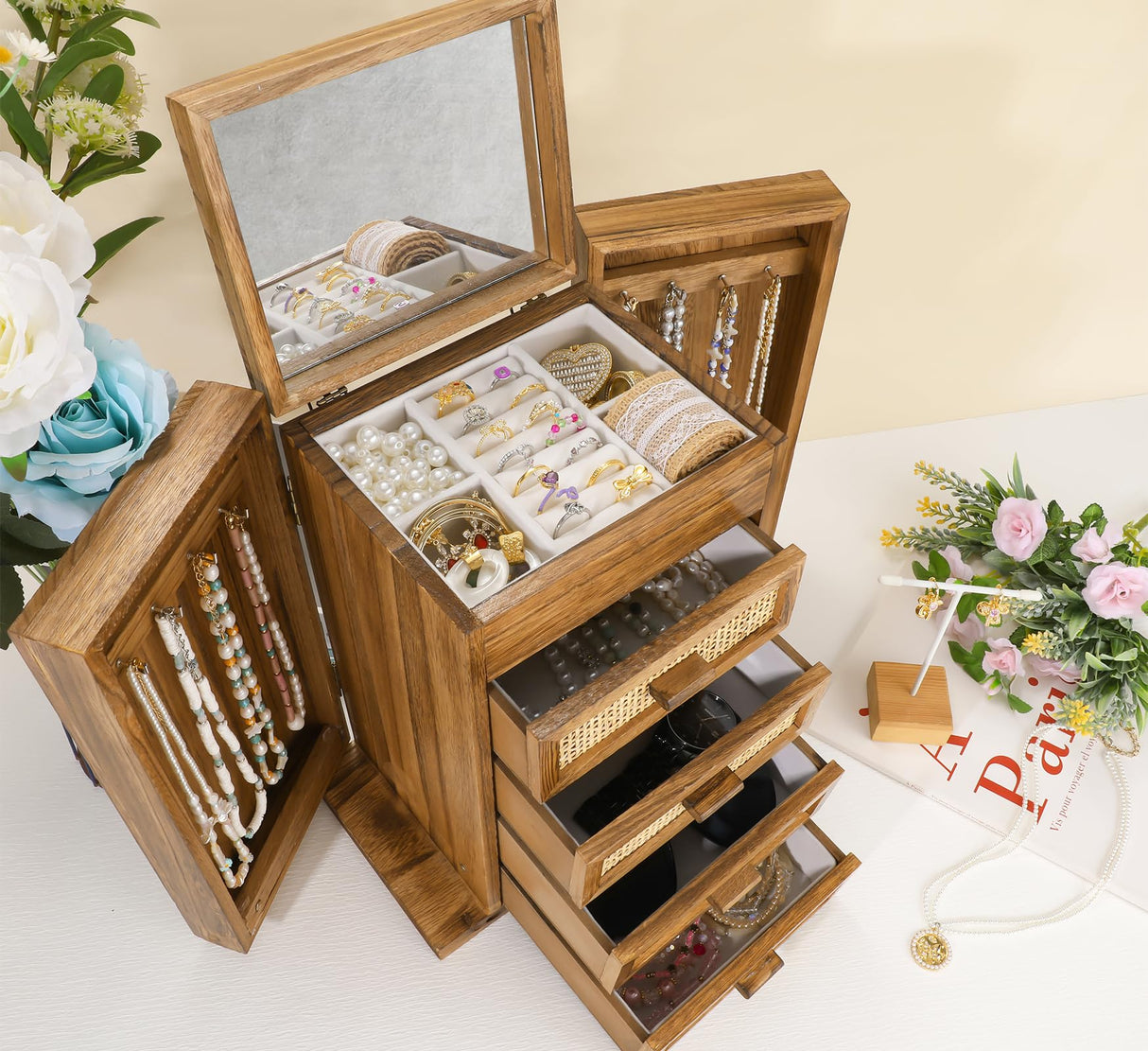 Jewelry Organizer, Rattan Jewelry Box, 5 Layer Wooden Jewelry Organizer Box with Mirror, Jewelry Boxes with 4 Drawers for Women Men, Jewelry Storage for Rings Earrings Necklaces Bracelets Watch Miss Rabbit