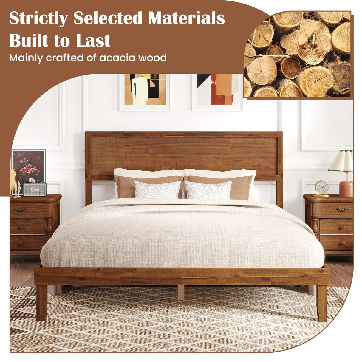 Giantex Wood Queen Bed Frame with Headboard, Mid Century Modern Platform Bed Queen Size with Solid Wood Legs & Wooden Slat Support, Easy Assembly, No Box Spring Needed, Walnut Giantex