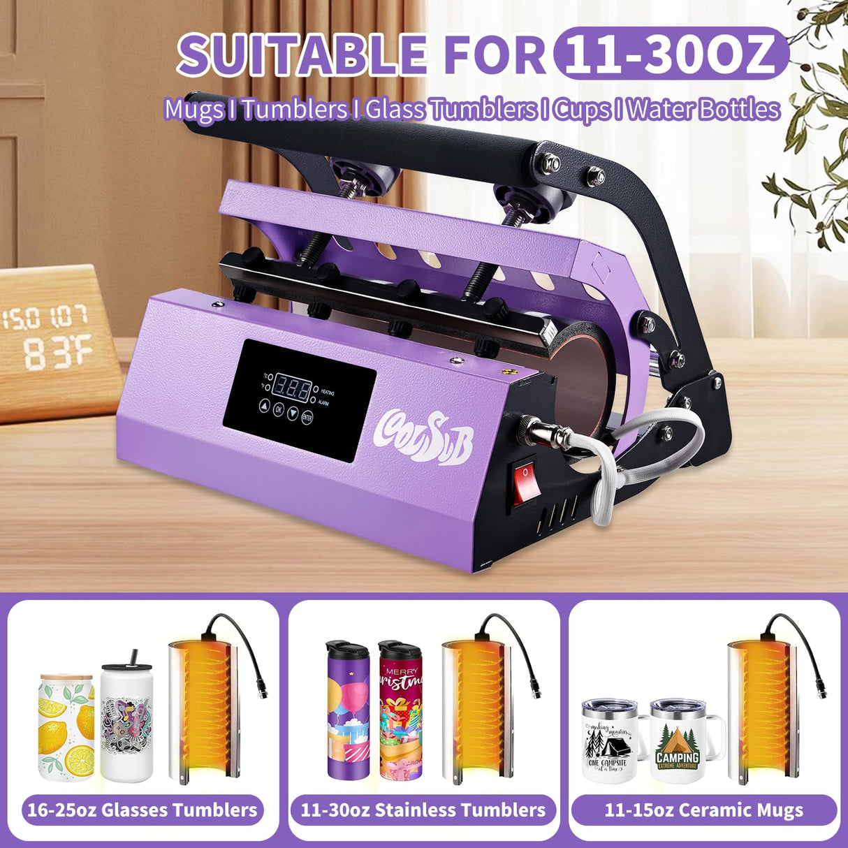 CoolSub Tumbler Heat Press Machine, Mug Press Machine for 30oz 20oz, Sublimation Blank Skinny Tumbler Glass Jar Can 11-16oz Mugs, Heat Transfer Print for Sublimation Tumblers, Cups, Mugs Purple CoolSub