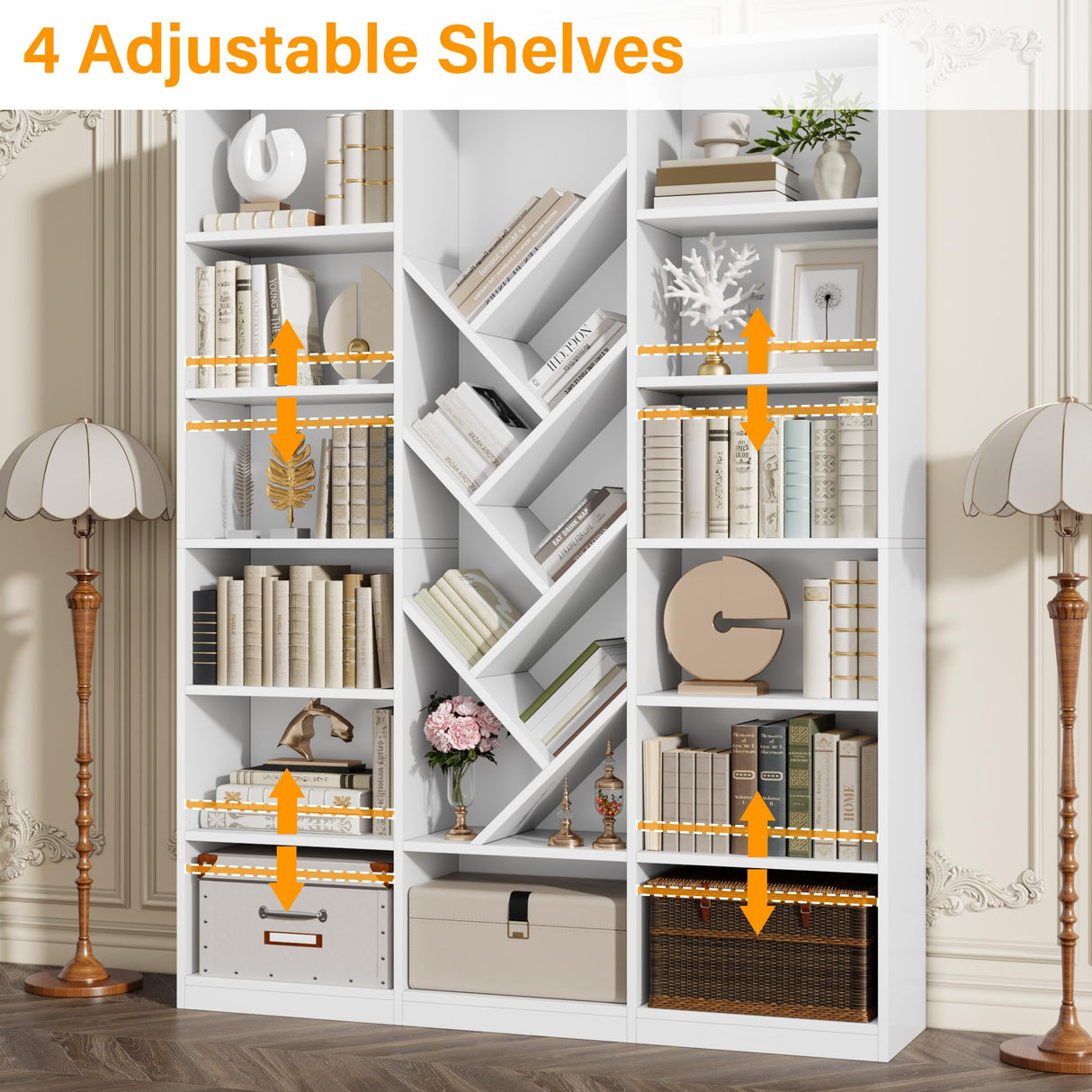 Nosepen 71" White Bookshelf, 6-Tier Floor Standing Bookcase with 13 Square Storage, Tall Bookshelf with Adjustable Shelves, Modern Tree Style Display Organizer for Office, Living Room, Library, White Nosepen
