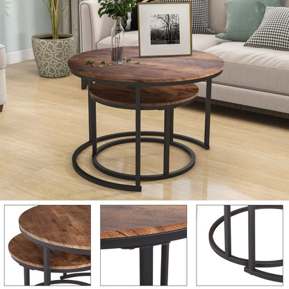 HOJINLINERO Industrial Round Coffee Table Set of 2 End Table for Living Room,Stacking Side Tables, Sturdy and Easy Assembly,Wood Look Accent Furniture with Metal Frame,Black+Rustic Brown - WoodArtSupply