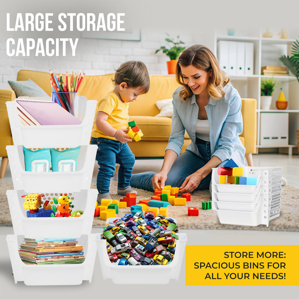 Skywin TidyFriend Stackable Storage Bins for Pantry, 4 Pack Stackable Bins For Organizing Food, Kitchen, and Bathroom Essentials (White) Skywin