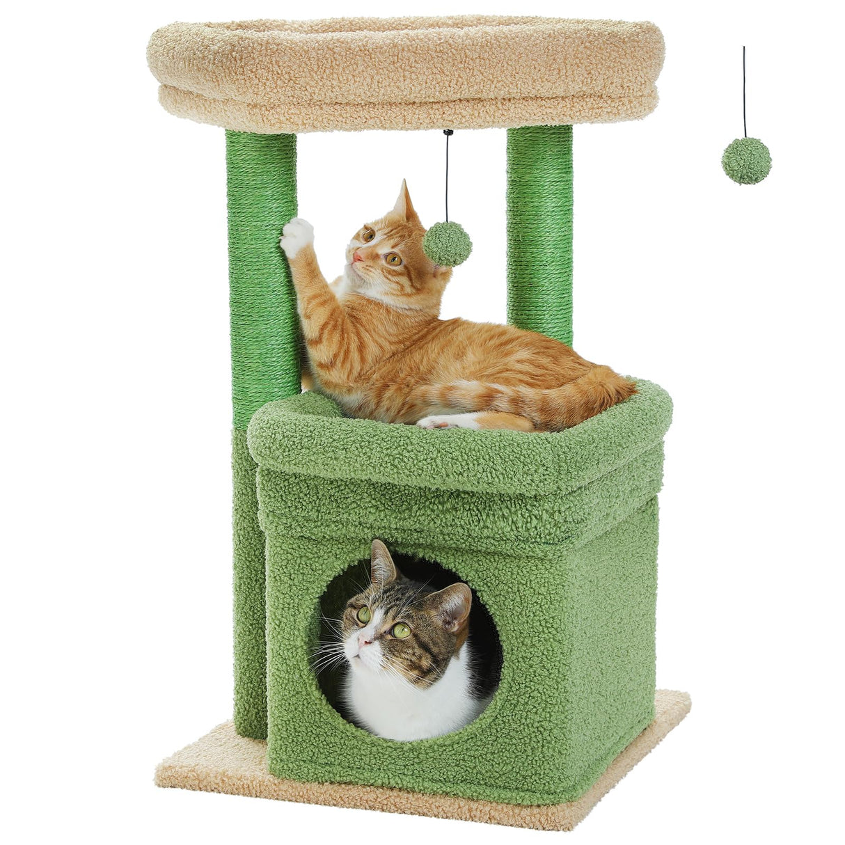 PEQULTI Cat Tree Cactus Cat Tower for Indoor Cats with Private Cozy Cat Condo, Natural Sisal Scratching Posts and Plush Pom-pom for Small Cats Green PEQULTI