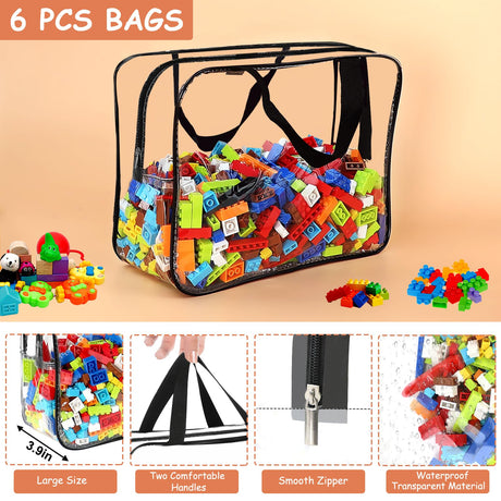 6 Packs Large Toy Storage Bags with Labels, Reusable Clear PVC Board Game Storage, Travel Waterproof Organizer Bags with Zipper for Building Blocks, Puzzle, Kids Books OPELETNNT