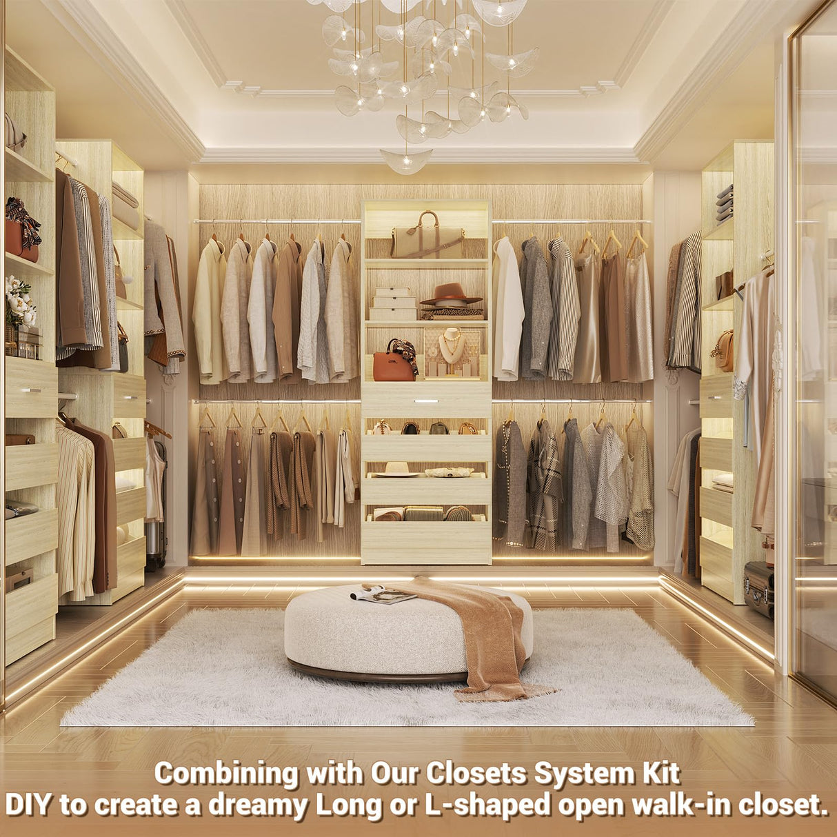 Aheaplus Closet System Set of 2, 4-9Ft Wood Closet Organizer with Drawers & Shelves, Closet Organizer System with 8 Hanging Rods, Walk-in Closets Organizer Wardrobe Closet Rack, White Oak Aheaplus