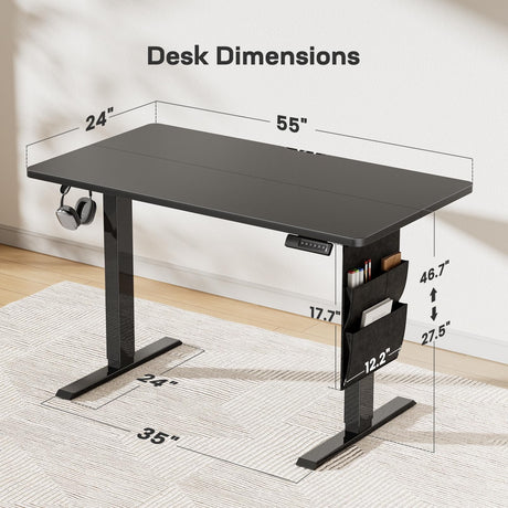 Marsail 55"x24" Adjustable Height Standing Desk Table, Electric Workstation with Storage Bag & Headphone Hook, Stand Up Solution for Home Office, Study, Writing, and Work with 4 Memory Presets. Marsail