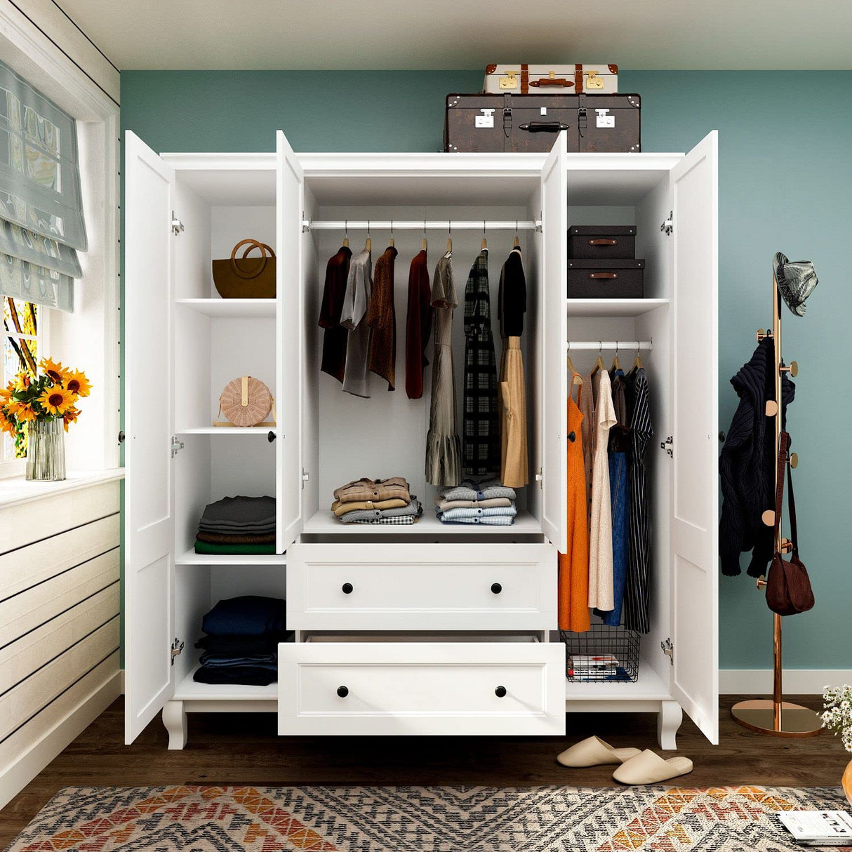 MOUMON Large 4-Door Wardrobe Closet with Doors and Shelves, Armoire Wardrobe Closet with Hanging Rod, Armoires and Wardrobes with 2 Drawers, Armoire for Bedroom White (63”W x 18.9”D x 71.3”H) MOUMON