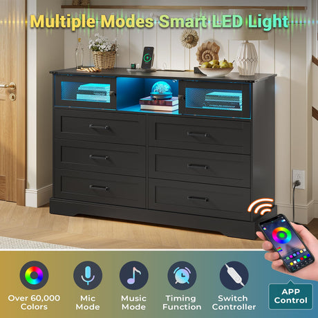 Hasuit 6 Drawer Dresser with LED Lights and Charging Station, Farmhouse Chest of Drawers Closet Organizer, Clothes Storage Cabinet Double Dressers for Bedroom, Living Room, Hallway, Black Hasuit