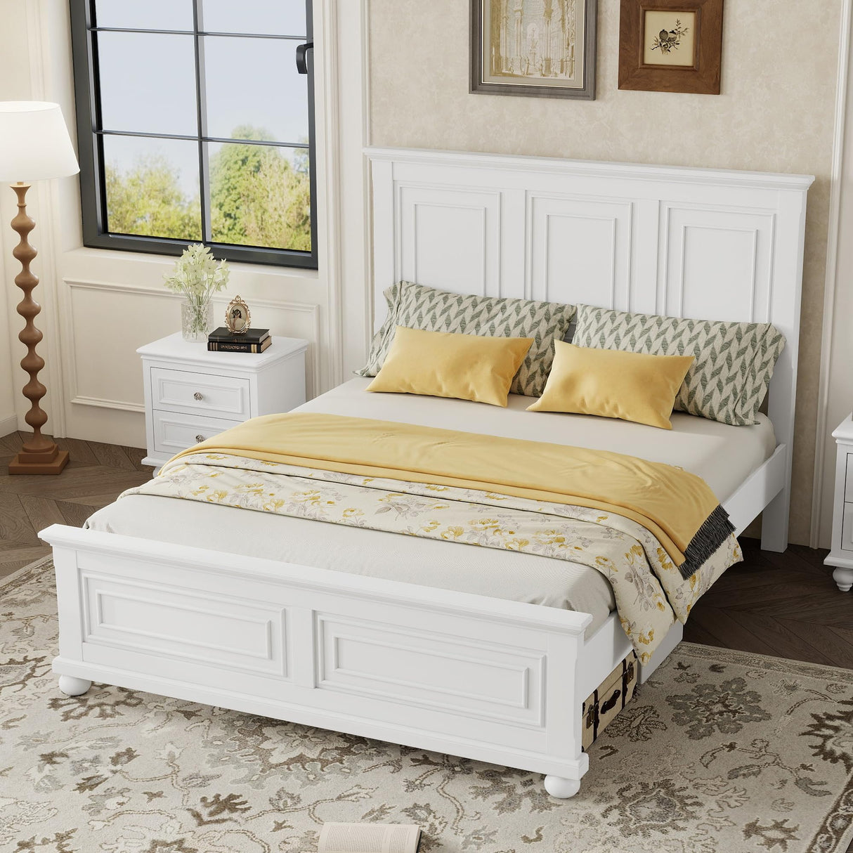 Duxelifin King Size Platform Beds for Bedroom, Tall Headboard King Bed Frame with Footboard, Pinewood Antique Bed Frame, Farmhouse Style, Noise-Free, No Box Spring Needed, White Duxelifin