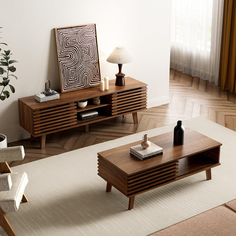 Furniway Mid Century Modern Coffee Table, Wood Coffee Table with Storage, Farmhouse Table for Living Room, Apartment, Walnut Furniway