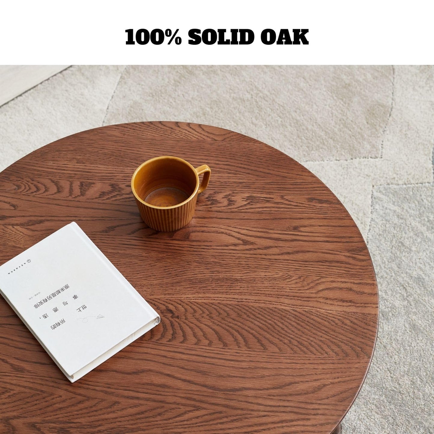 Vadisun 100% FAS Solid Oak Wood Mini Coffee Table - Natural Walnut Finish Round Coffee Table-Low Tea Table