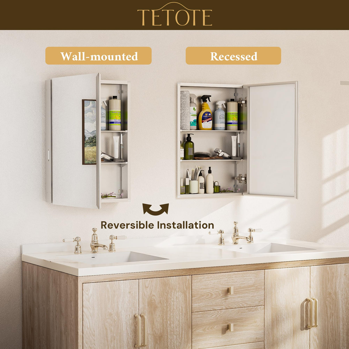 TETOTE 15 x 26 Bathroom Mirror with Storage with Tempered Beveled Mirror Silver Medicine Cabinet Aluminum Cabinet DTC Hinges, Stepless Adjustable Shelves, Recessed/Surface-Mounted TETOTE