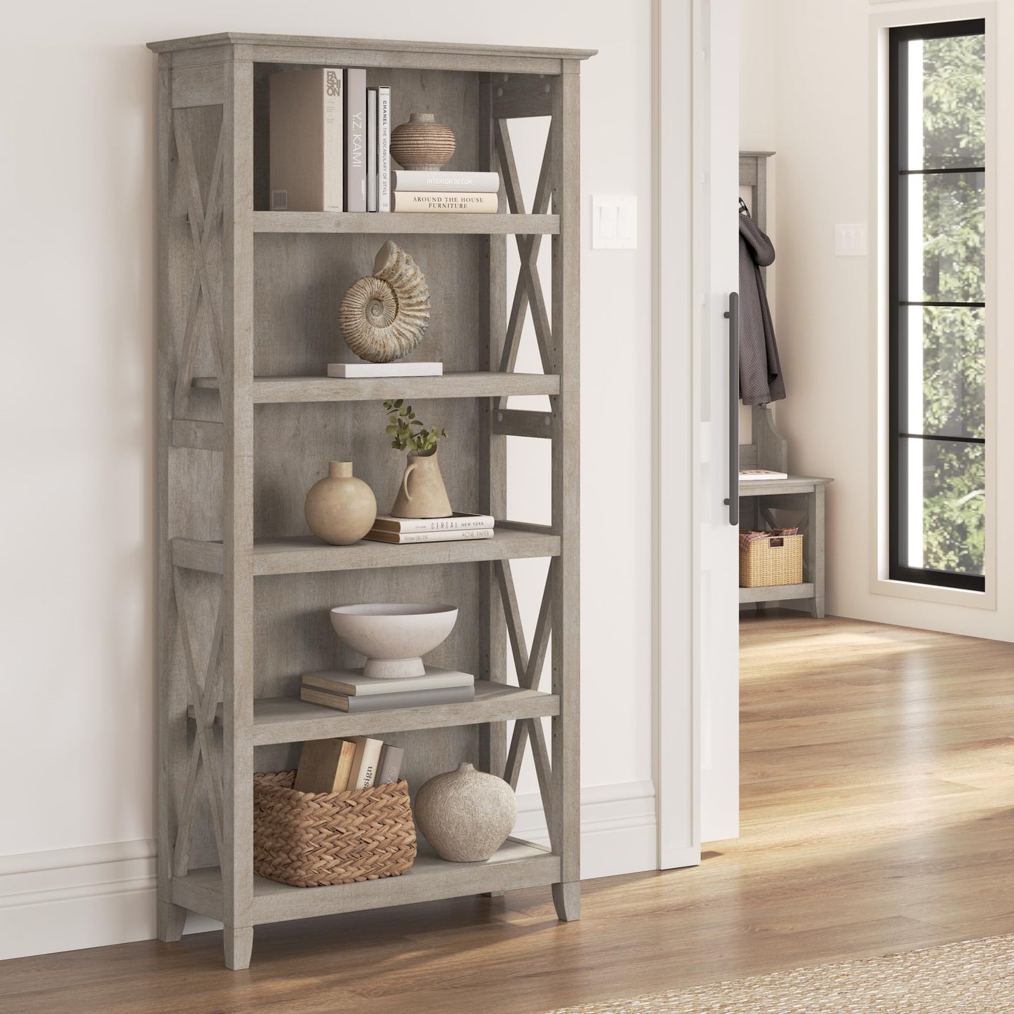 Bush Business Furniture Key West 5-Shelf Bookcase with X Pattern Accents in Washed Gray - WoodArtSupply