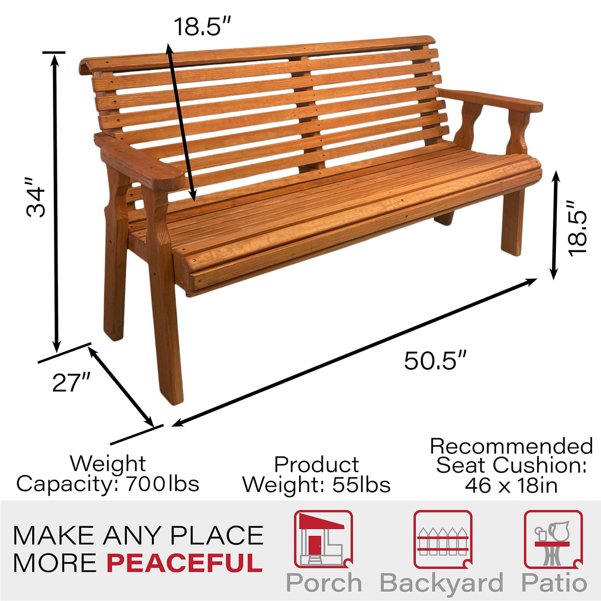 Amish Casual Heavy Duty 4 Foot Roll Back Outdoor Bench in Cedar Stain - Amish Made in The USA from Treated Pine for Outdoor Durability, 700 Lb Weight Capacity Amish Casual