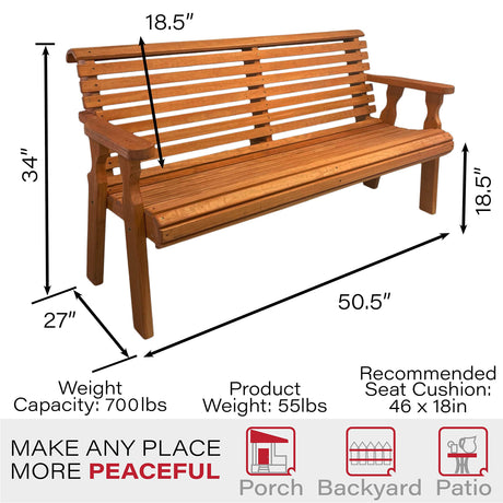 Amish Casual Heavy Duty 4 Foot Roll Back Outdoor Bench in Cedar Stain - Amish Made in The USA from Treated Pine for Outdoor Durability, 700 Lb Weight Capacity Amish Casual
