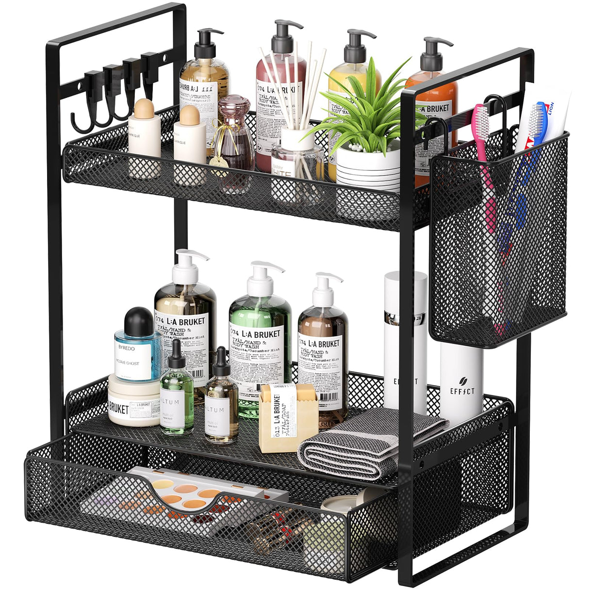 VITVITI 2 Tier Bathroom Organizer Countertop with Drawer, Metal Mesh Bathroom Counter Vanity Organizer Storage, Bath Room Shelf Sink Kitchen Spice Rack with Basket Hooks, Black VITVITI