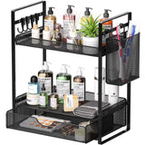 VITVITI 2 Tier Bathroom Organizer Countertop with Drawer, Metal Mesh Bathroom Counter Vanity Organizer Storage, Bath Room Shelf Sink Kitchen Spice Rack with Basket Hooks, Black VITVITI