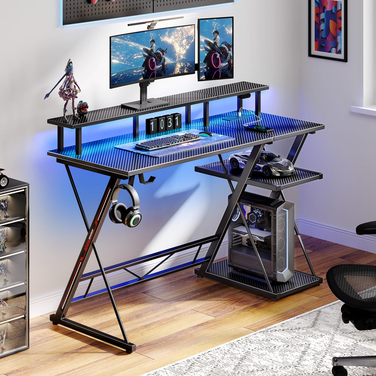 SEVEN WARRIOR Gaming Desk with LED Lights & Power Outlets, 39" Computer Desk with Monitor Stand & Storage Shelf, Gaming Table with Earphone Hook, Office Desk with Footrest, Carbon Fiber Black SEVEN WARRIOR