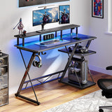 SEVEN WARRIOR Gaming Desk with LED Lights & Power Outlets, 39" Computer Desk with Monitor Stand & Storage Shelf, Gaming Table with Earphone Hook, Office Desk with Footrest, Carbon Fiber Black SEVEN WARRIOR