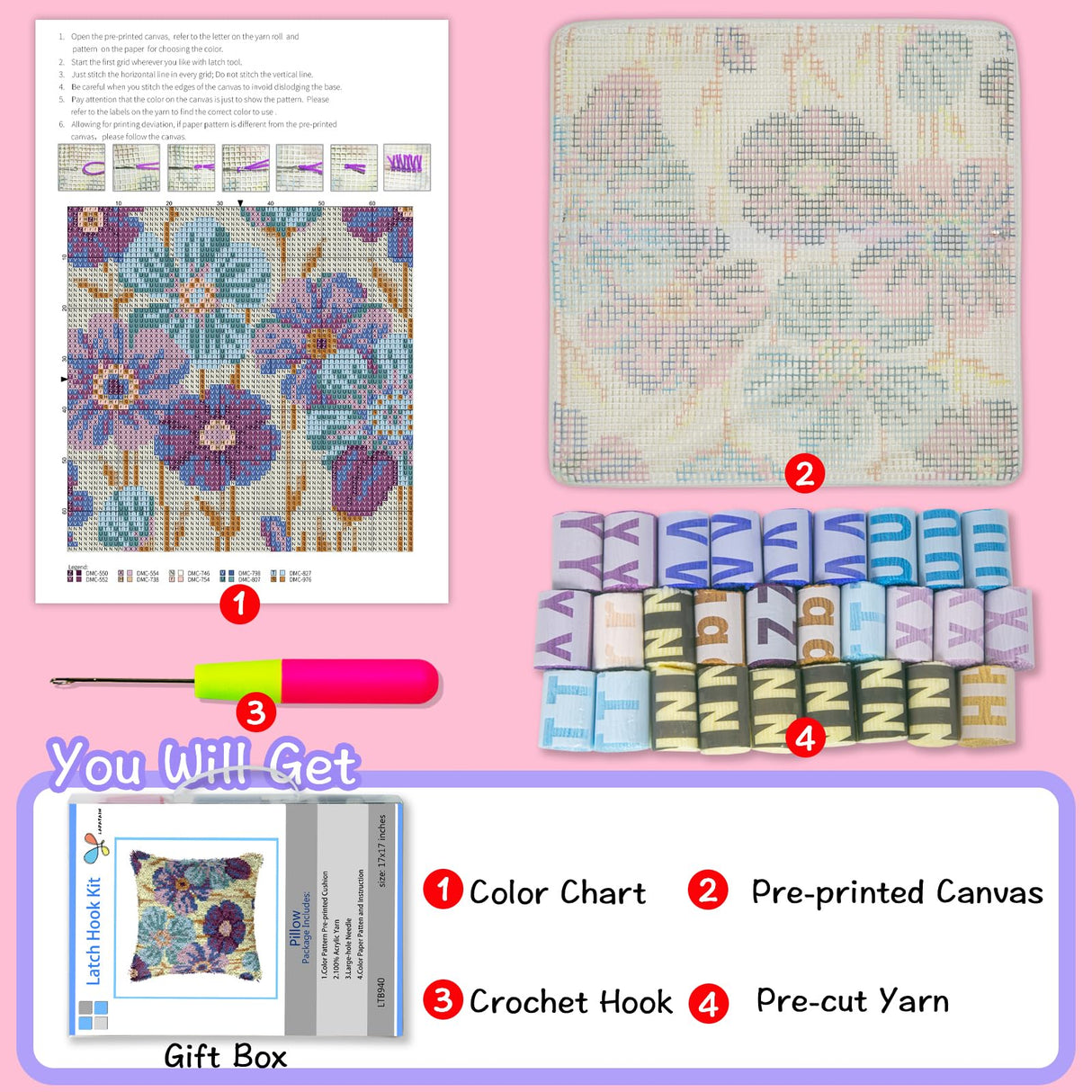 LAPATAIN Latch Hook Kits for DIY Throw Pillow Cover,Purple Flowers Pattern Needlework Cushion Cover Hand Craft Crochet for Great Family 17x17inch LAPATAIN