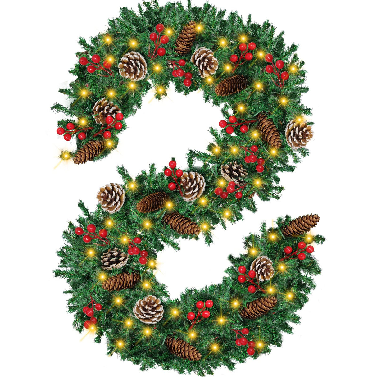 Mduvoz Christmas Garland, 12FT Prelit Christmas Garland with 100 LED Lights, Greenery Xmas Garland with 20 Pine Cones 90 Red Berry Christmas Decoration for Indoor Outdoor Home Mantel Fireplace Mduvoz