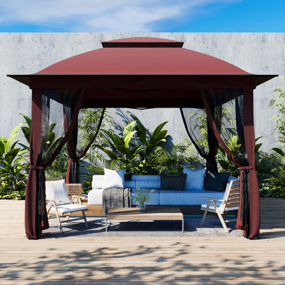 11'X11' Outdoor Gazebo, Pop Up Patio Gazebo with 4 Sidewalls Mosquito Netting, Heavy Duty Gazebo Canopy Tent with Double Air Roofs for Backyards, Patios, Decks, Gardens, Parks (Red)