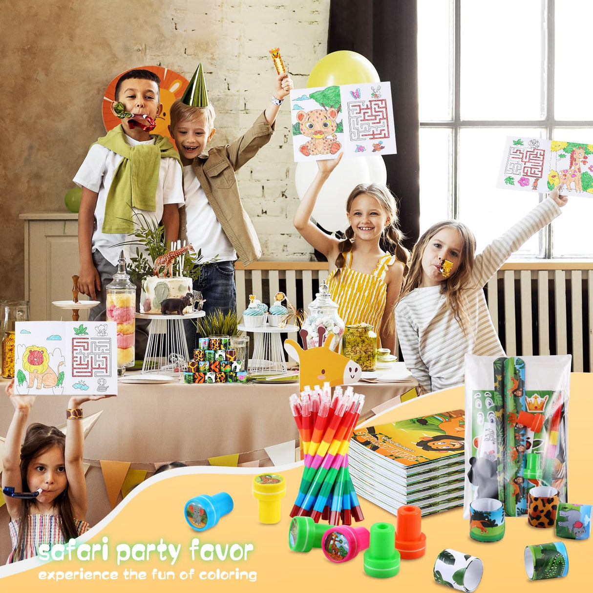 BenLouis 96Pcs Jungle Safari Party Favors Zoo Animals Coloring Books Crayons Sticker Stampers Slap Bracelets Set Bulk Classroom Prizes for Kids Wild One Party Baby Shower Goodie Bags Fillers BenLouis