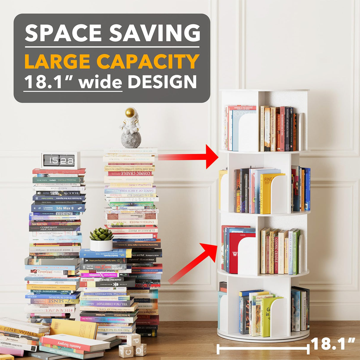 SpaceAid Cross Style 4 Tier Rotating Bookshelf, Spinning 360 Bookcase Lazy Susan Tower, Vertical Revolving Books Shelf Storage Round Carousel Space Saving Organizer, White SpaceAid