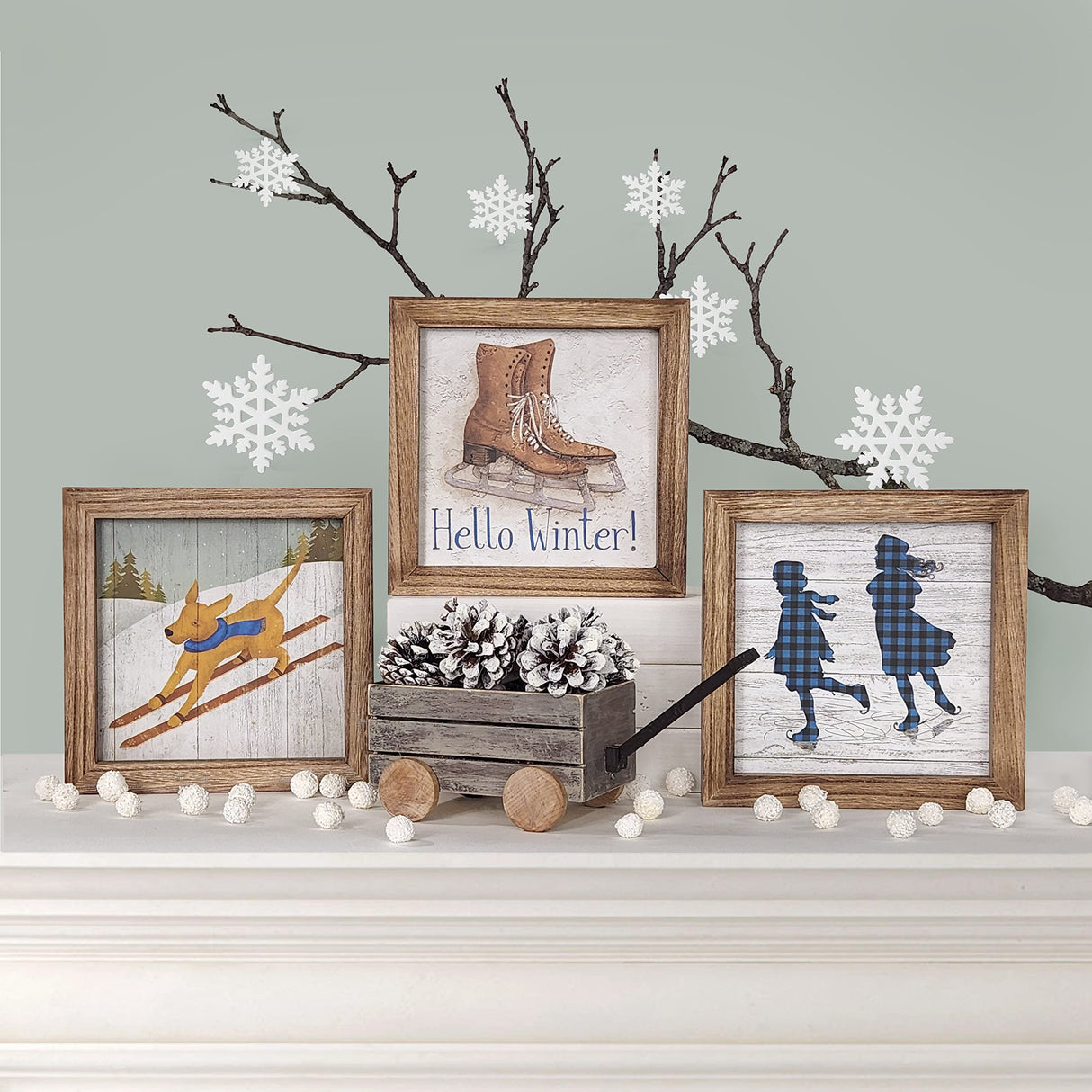 Set of 3 Rustic Wood Frames for Tiered Tray Decor - 36 Interchangeable Seasonal Home Signs for Valentines, St Patrick's Day, All Seasons, 7x7 in Parallel Decor