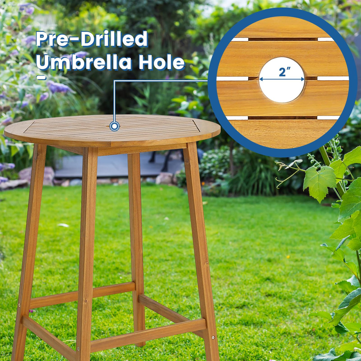 HAPPYGRILL 31.5” Round Bar Table, Bar Height Table with Umbrella Hole & Slatted Tabletop, Acacia Wood Patio Bistro Table, Side Table for Indoors Outdoors HAPPYGRILL