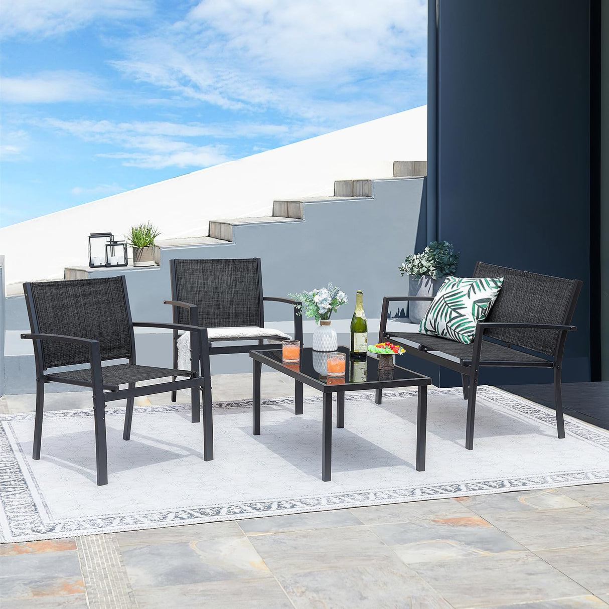 Greesum 4 Pieces Patio Furniture Set Outdoor Conversation Textilene Fabric Chairs for Lawn, Garden, Balcony, Poolside with A Glass Coffee Table, Black Greesum