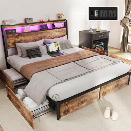 SADENICEL Full Size Bed Frame with Storage, LED Wood Bed Platform with Headboard, 4 Drawers, Charging Station, No Box Spring Needed, Metal Support Base, Vintage Brown SADENICEL