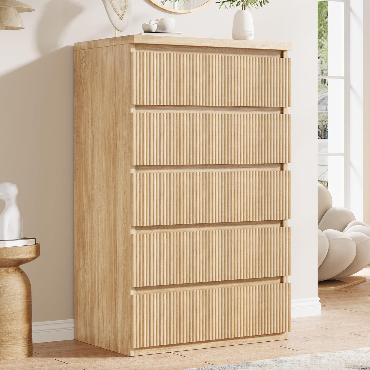 Jocoevol Fluted 5 Drawer Dresser, 43" Tall Dresser Chest of Drawers Curved Profile Design, Wood Mid Century Vertical Dresser Natural Texture for Bedroom, Oak Dresser Jocoevol