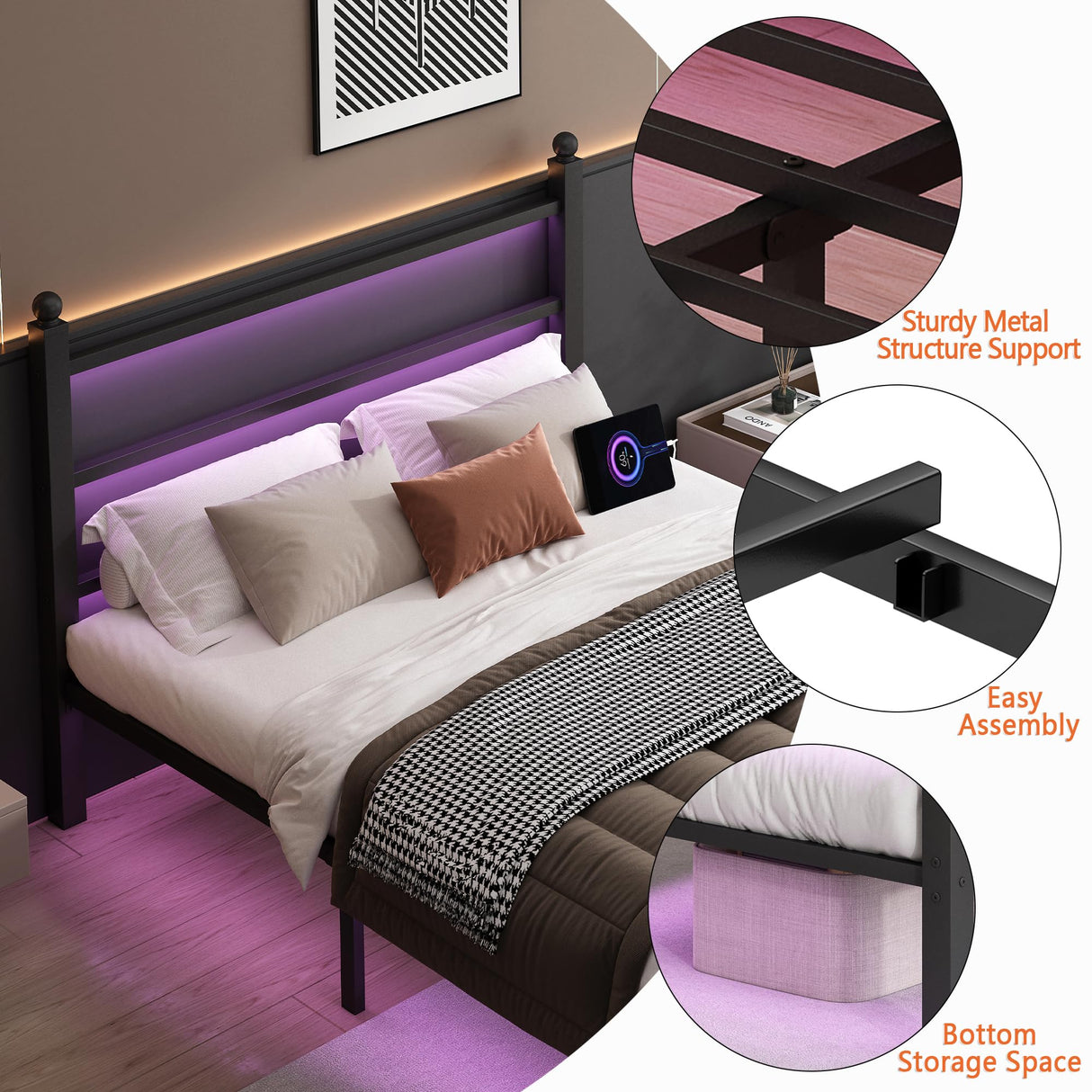 CLIBFENG Full Size Bed Frame with Headboard and Footboard,Steel Slats Support-LED Bed Frame with USB Charging Station,Mattress Foundation-Under Bed Storage, No Box Spring Needed,Noise Free,Black CLIBFENG