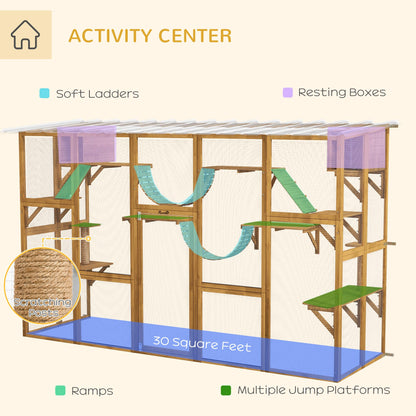 PawHut Catio Playground Cat Window Box Outside Enclosure, Outdoor Cat House with Weather Protection Roof for Multiple Kitties, Wooden Frame, Shelves & Bridges, 118" x 37.5" x 74", Yellow - WoodArtSupply