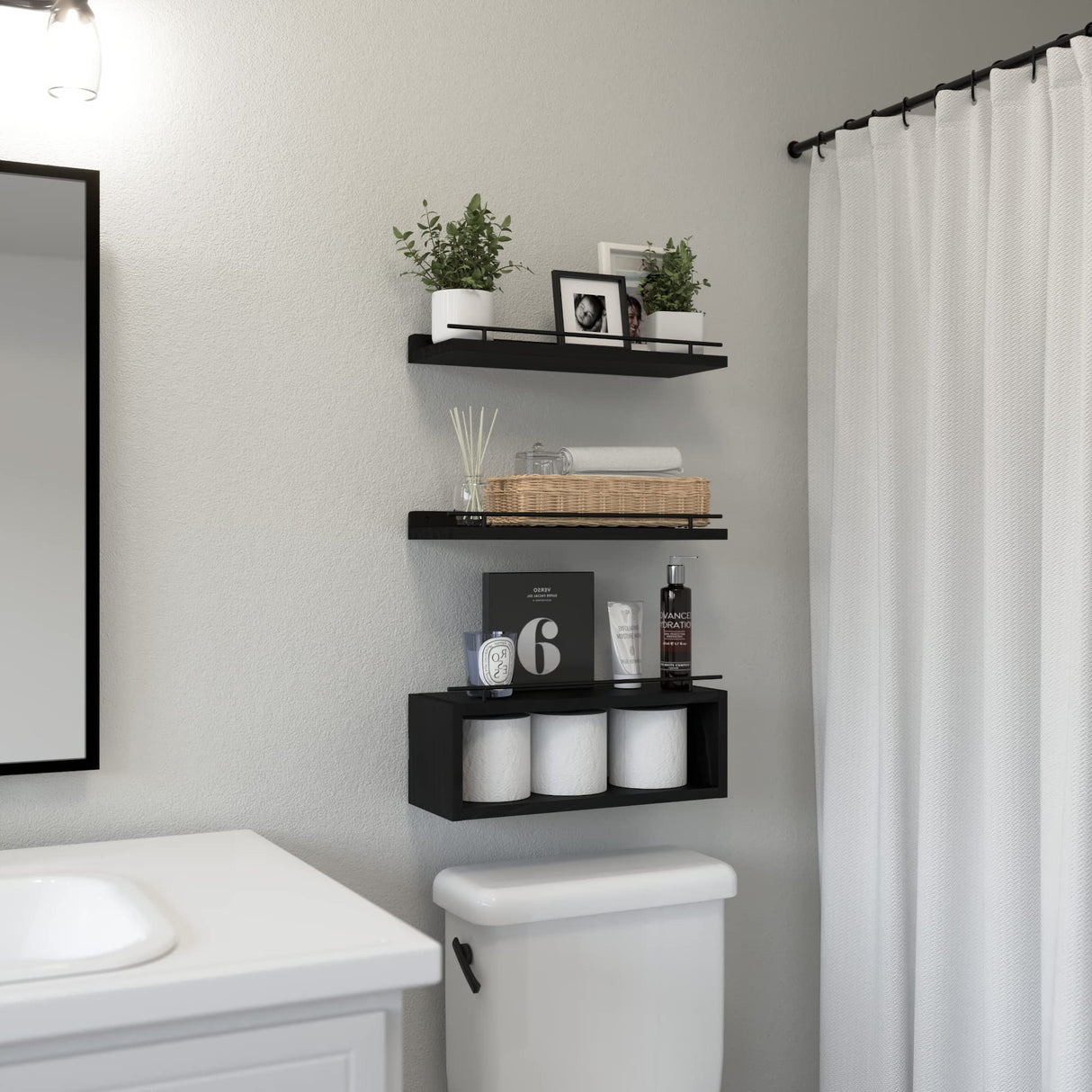 WOPITUES Floating Shelves with Cube Shelf, Wall Shelves with Metal Rail for Bathroom Decor, Over Toilet Bathroom Organizers and Storage, Toilet Paper-Black WOPITUES