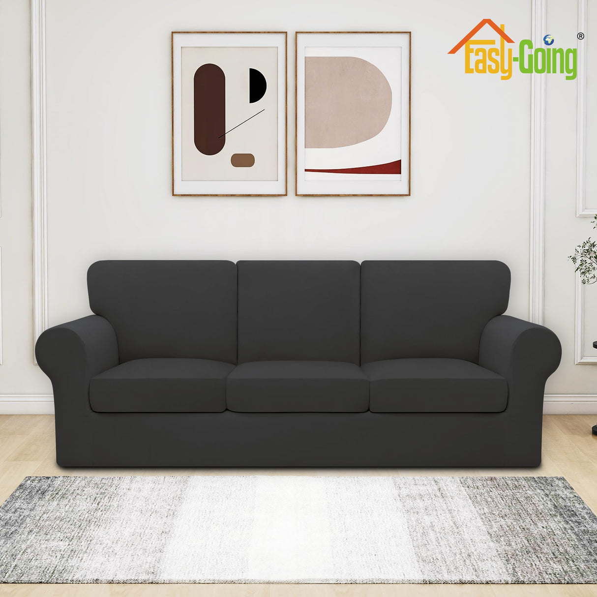Easy-Going 7 Pieces Stretch Couch Cover Washable Sofa Cover Set for 3 Backrest and Seat Cushion Couch Anti-Slip Sofa Slipcover Furniture Protector with Elastic Bottom (Large, Dark Grey) Easy-Going