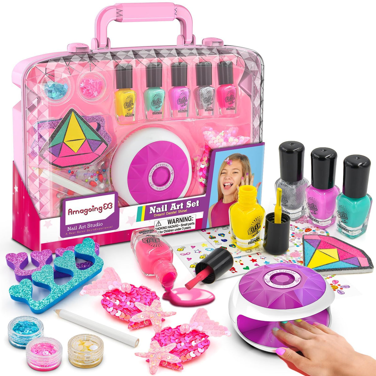 Amagoing Kids Nail Polish Set for Girls, All-in-One Nail Art Kit with Storage Box Ages 6-8, Non Toxic Nail Polish, Nail Dryer, Mermaid Hair Clip, Little Girl Toys Birthday Gift for 5 6 7 8 Years Old Amagoing