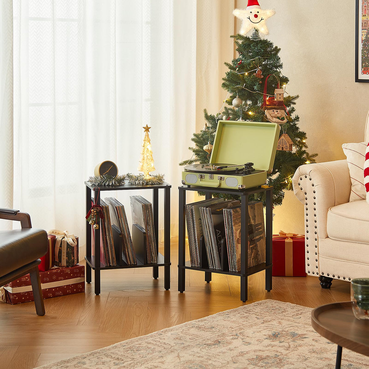 LELELINKY 2-Tier Record Player Stand with Vinyl Record Storage up to 100 Albums, Bedroom Record Holder and Multi-Functional End Table for Living Room, Black LELELINKY