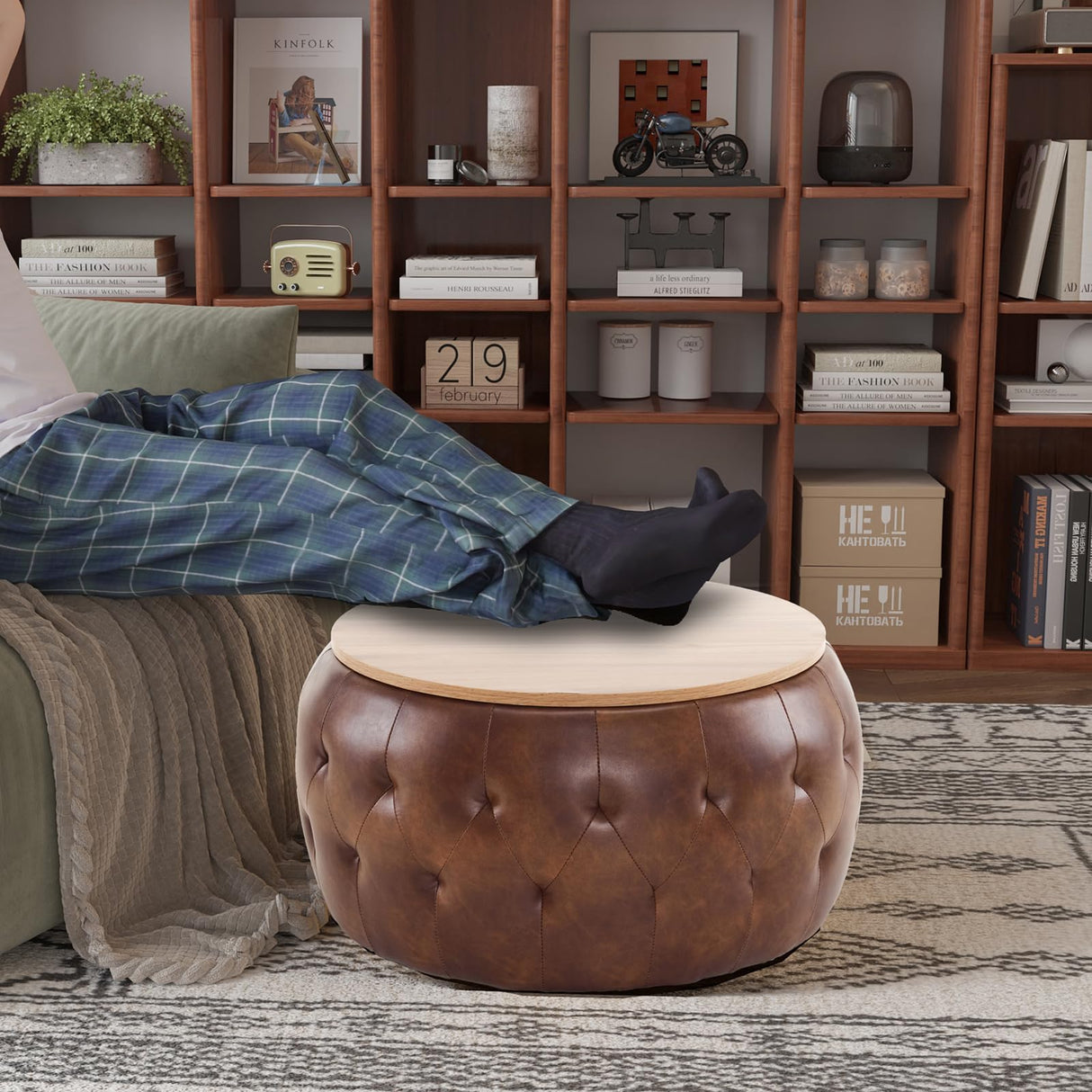 YDcosyfy PU Leather Round Storage Ottoman with Wooden Lid, 25 Inch Tufted Circle Ottoman Footrest Stool Bench Coffee Table for Living Room,Brown YDcosyfy