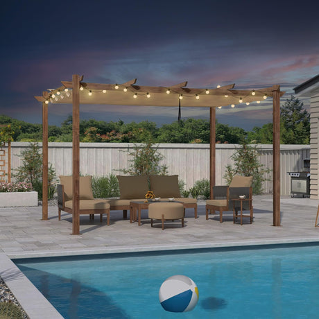 PURPLE LEAF 10' x 13' Outdoor Retractable Pergola with Sun Shade Canopy Patio Metal Shelter for Garden Porch Pavilion Natural Wood Grain Frame Modern Yard Grill Pergola with 24 LED String Lights Khaki PURPLE LEAF